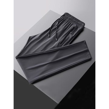 冷感彈力冰絲褲男夏季直筒長褲運動褲子抽繩薄款休閑褲大碼男裝胖