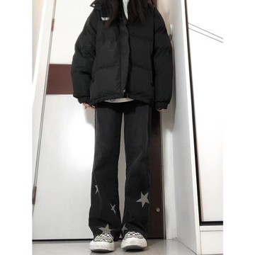 黑色星星牛仔褲女2025秋冬季新款加絨大碼顯瘦窄版直筒寬松闊腿褲