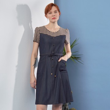 CLL巧玲瓏 格紋拼接牛仔短袖洋裝 2125526