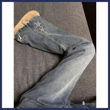 WYZ美式高街刺繡微喇牛仔褲男星星cleanfit修身顯瘦顯腿長微喇褲帥氣