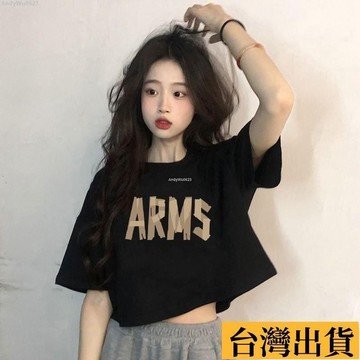 🌈台倉出庫🌈 美式短款T恤女 夏複古印花短袖 正肩顯瘦百搭小個子辣妹黑白色上衣