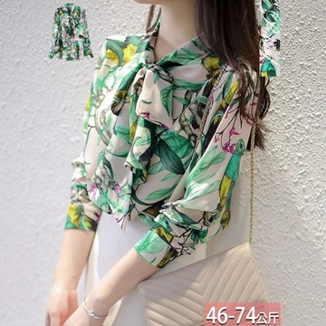 圍巾領蝴蝶飄帶彩色花鳥印花襯衫 M-2XL【594858X】【現+預】☆流行前線☆