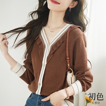 初色 韓版V領荷葉邊寬鬆單排釦長袖針織衫上衣-咖色-30319(F可選)