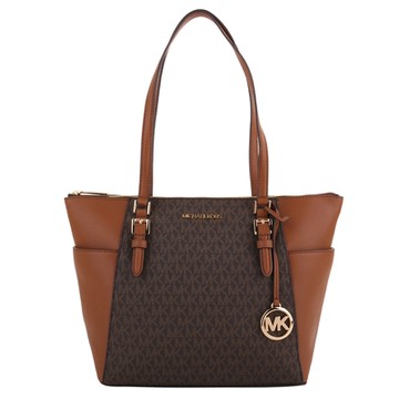 MICHAEL KORS 金字雙側口袋拼色防刮拉鍊托特包(駝x咖)