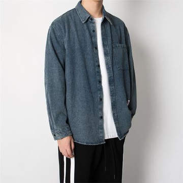 美式復古牛仔衣襯衫男秋季水洗做舊青年寬松上衣cityboy休閑襯衣