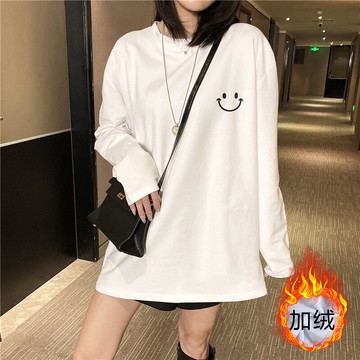 季加絨加厚內搭打底衫女洋氣百搭長袖T恤上衣白色寬松中長款