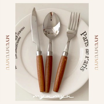 隔日到貨｜實木不銹鋼餐具組 304不鏽鋼叉子 勺子 餐刀 甜點勺 韓式家用大湯匙｜MYUMYU 沐慕家居 台灣