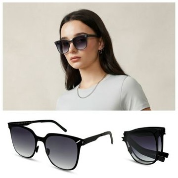 【ROAV】輕量薄鋼 黑框漸層灰鏡片折疊抗UV太陽眼鏡(JOLIE SS016-13/41)