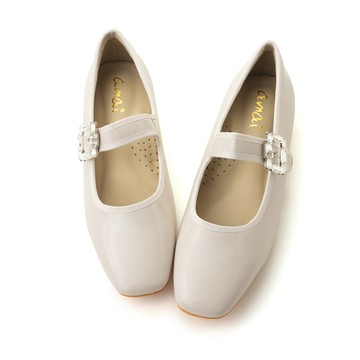 水鑽方釦魔鬼氈平底瑪麗珍鞋 杏 FF13-8BE