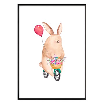 騎單車的小兔子 氣球花卉自行車裝飾畫  42 x 59.4cm  黑色