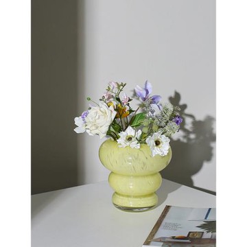 復古ins奶油黃高級感玻璃花瓶擺件客廳插花透明網紅水培鮮花創意