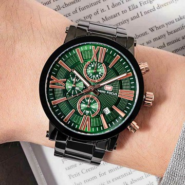 [中性款]MINIFOCUS片刻永恆大錶面真三眼日期顯示金屬鍊帶手錶【WMF0219】-綠面黑帶