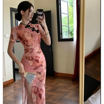 【桃喜Rich女裝】彈力旗袍 新中式洋裝 年輕款性感包臀旗袍 網紗印花開叉旗袍 百搭顯瘦連衣裙 遮肚有彈性派對洋裝