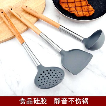 不粘鍋專用硅膠鏟家用炒菜鏟子耐高溫木柄鍋鏟炒勺護鍋鏟廚具套裝