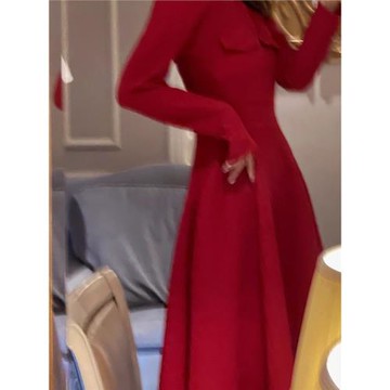 DAC 原創設計港風復古長袖圓領收腰連衣裙春顯瘦中長款法式傘裙子