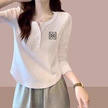 衣時尚 上衣 長袖T卹 T恤衫 印花上衣 內搭衫 M-2XL新款印花長袖t恤上衣弧形遮肚子打底衫-5898.