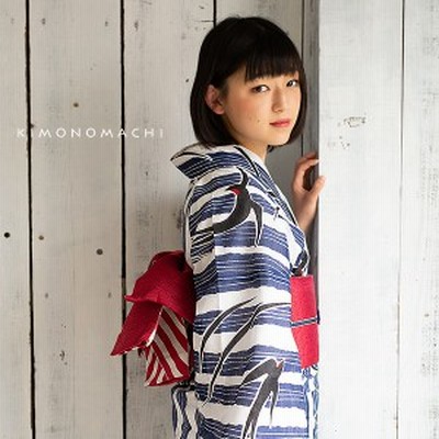 京都きもの町オリジナル 浴衣 レディース 「縞にツバメ 紺」 綿絽 