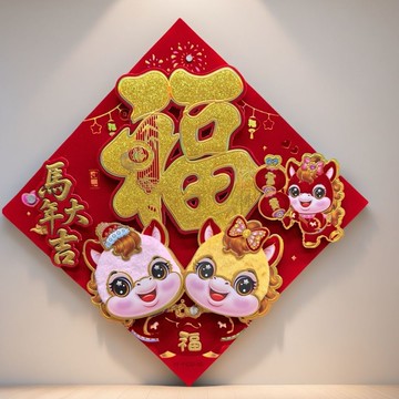 🔥臺灣出貨🔥新款2026馬年毛絨款帶背膠立體植絨灑金福字門貼春節裝飾品