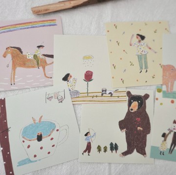 陽光彩虹小白馬 塩系蠟筆畫 手帳飾り 方形 便簽套組