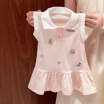 🍭臺灣出貨🍭女童POLO領刺繡連衣裙夏季2026新款女寶寶荷葉邊學院風洋氣背心裙 女童洋裝 女寶洋裝 女童連身裙 女