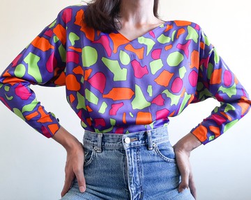 復古抽像印花襯衫 霓虹色羈扣後背襯衫 圓領襯衫