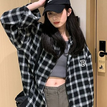 FUXI 黑白格子襯衫女 長袖襯衫外套 韓版寬鬆復古設計感襯衫 慵懶風長袖襯衣 小外套 防曬外套 女裝 衣服