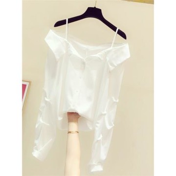 2025春秋新款韓版時尚一字領單排扣泡泡袖雪紡襯衫女休閑白色襯衣