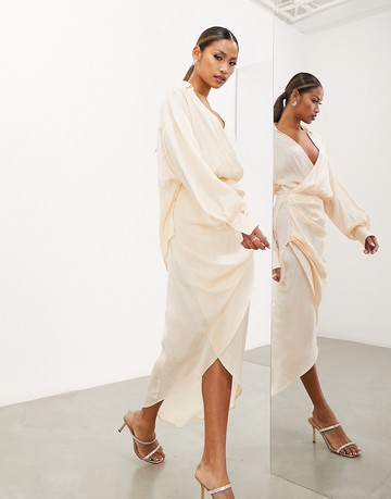 ASOS EDITION drape detail midi shirt dress in seashell-White