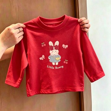 兒童長袖上衣 女童上衣 男童上衣 保暖上衣可愛女童兔子印花兒童長袖T恤打底百搭春秋新款寶寶卡通單品上衣童裝