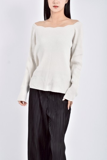 (S) index質感針織花邊白色長袖上衣