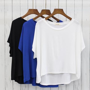 韓版純色莫代爾圓領T恤女夏季薄顯瘦垂感不規則短袖上衣休閑罩衫
