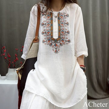 【ACheter】復古麻感重工刺繡防曬七分袖上衣寬鬆洋氣休閒文藝長款# 122229(現貨+預購)