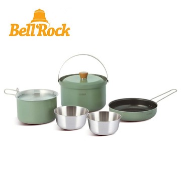 【韓國Bell Rock】Color9複合金不鏽鋼戶外炊具9件組(奶油灰 / 軍綠色) 附收納袋露營套鍋組 不沾平底鍋 不鏽鋼套鍋 color 9 - 軍綠色