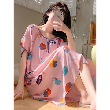 棉綢睡裙女夏季薄款草莓人造棉睡衣圓領寬松兔子大碼居家連衣裙子