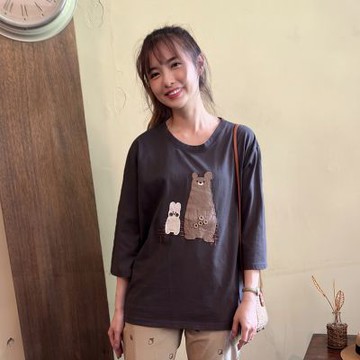 Hana-Mokuba花木馬日系女裝拼接布可愛動物造型圓領長袖上衣_鐵灰