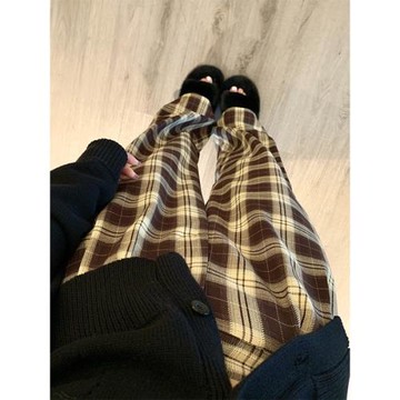 咖色格子褲女春秋冬美式復古運動闊腿棕色褲子ins潮高街小個子