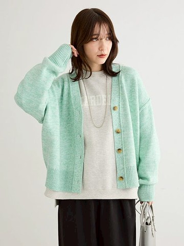 混色針織落肩V領開襟衫(06000974200) - Green Parks