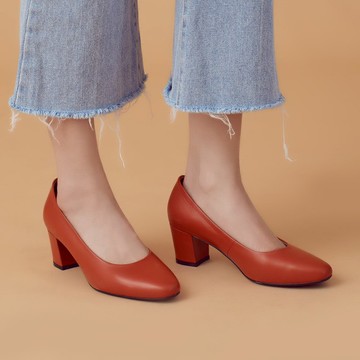 微整形效果!通勤OK小方頭中跟鞋 橙 MIT全真皮 台灣手工