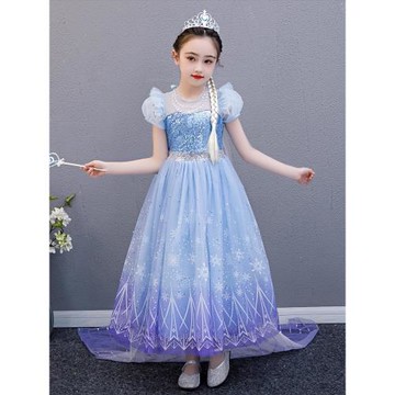 新款冰雪奇緣2艾莎公主裙小女孩泡泡袖碎花長款艾爾莎Elsa生日裙