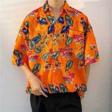 短袖花卉滿印夏威夷沙灘花襯衫男夏季薄款潮牌ins港風襯衣五分袖
