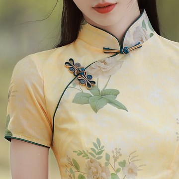 黃色素雅旗袍改良連衣裙復古氣質文藝民國苧麻年輕款少女春夏2022