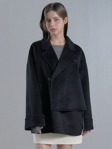 羊絨裹身手工半長外套 - 黑色/奶油色