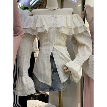 早春韓版修身文藝韓國東大門喇叭袖一字肩荷葉邊顯瘦開衫襯衣襯衫