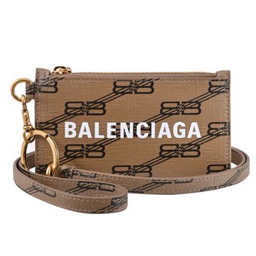 BALENCIAGA 巴黎世家 594548 滿版印花LOGO頸掛卡片零錢包.咖