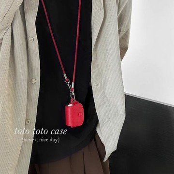 復古小眾新年喜慶紅色AirpodsPro皮質耳機套斜跨繩適用蘋果Airpods1/2/3/4代新款AirPodsPro3便攜保護套