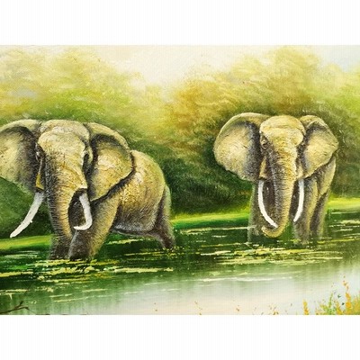 手描き油絵 鷹＆象 インテリア絵画 肉筆油絵 アートパネル 90