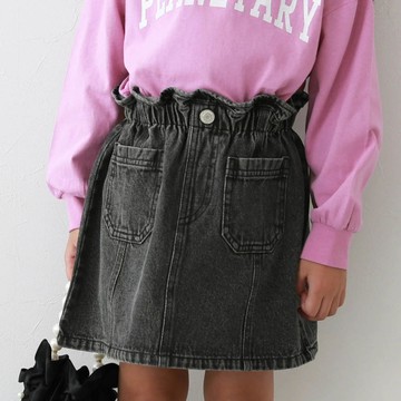日本 devirock - 純棉舒適腰荷葉丹寧短裙-復古刷色-炭黑