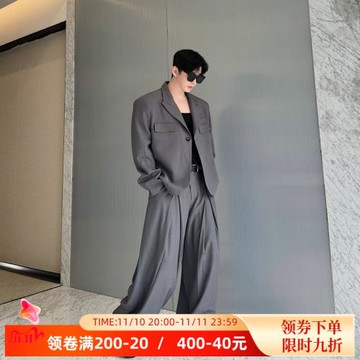 韓版設計師款一粒扣雅痞西服套裝男高級垂感皺褶闊腿褲長褲兩件套