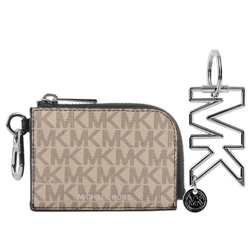 Michael Kors 塗層帆布拉鍊卡夾/零錢包及Logo鑰匙圈禮盒組(亞麻色)