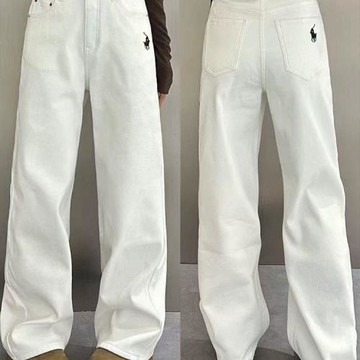 韓系白色小馬拉夫刺繡牛仔褲女2025春秋高腰直筒褲闊腿長褲ins潮
